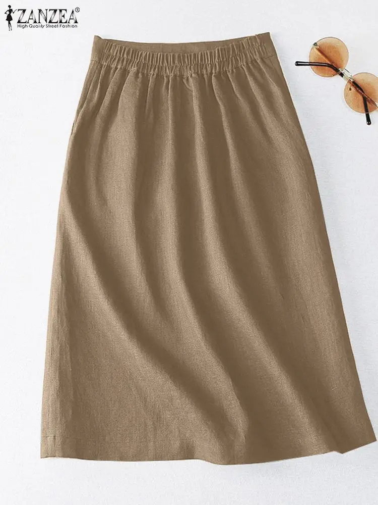 ZANZEA Cotton Solid Color Faldas Mujer 2024 Summer Elastic Waist Elegant Women Midi Skirts Casual Daily Commute Pencil Jupes