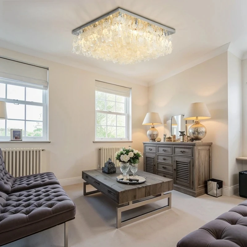 

White Shell Ceiling Lamp For Bedroom Living Room Nordic Luxury Seashell Ceiling Lights With Crystal Modern Square Chandelier