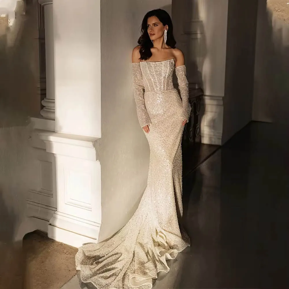 

Off The Shoulder Mermaid Women Wedding Dresses Elegant Lace Print Bridal Gowns Mopping Length Ball Vestidos De Novia Customized