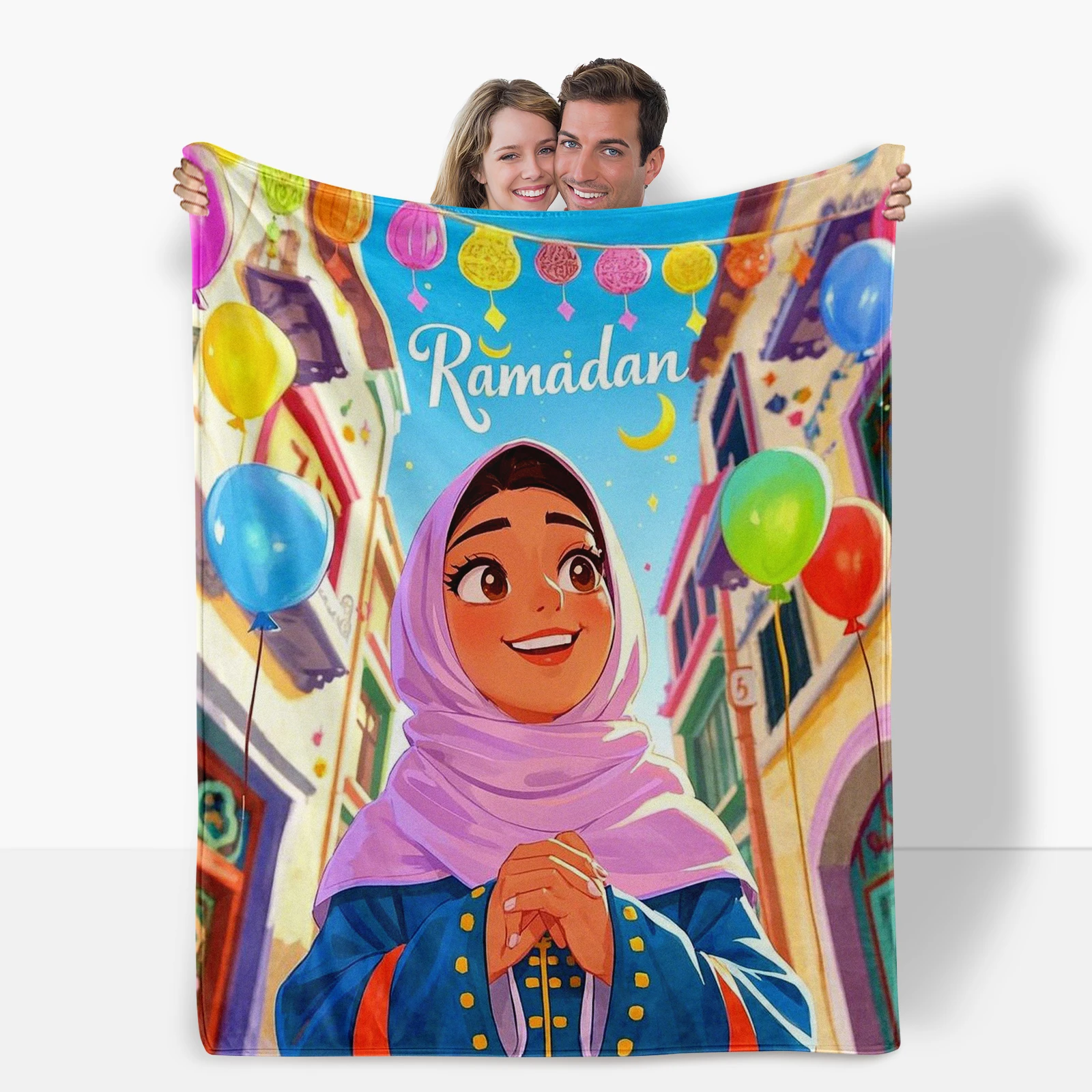 Cartoon Female Characters And Celebrations Middle Eastern Ramadan Blanket Fun Design Ideal For Loved Ones Kids