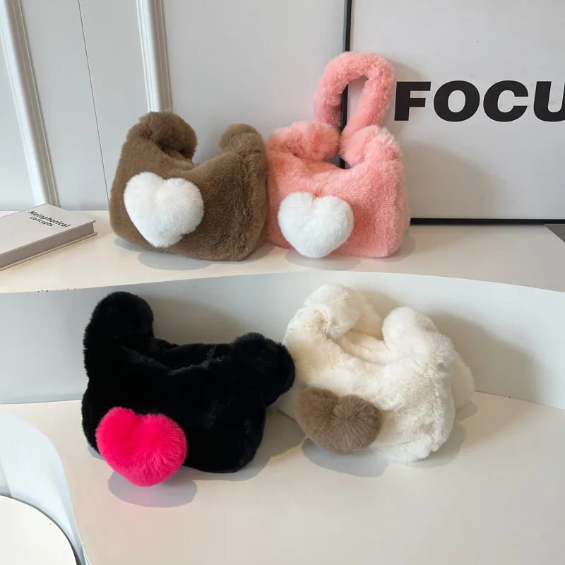 

Women Winter Plush Bags Casual Fur Shoulder Bags Trendy Love Pattern Clash Color Handbags Soft Comfortable Girls Hand Bags