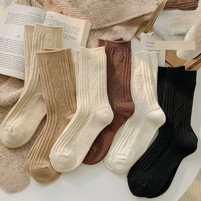 

1/6 pair of wool autumn winter warm women's midsole socks solid color sweat absorbing simple comfortable casual socks