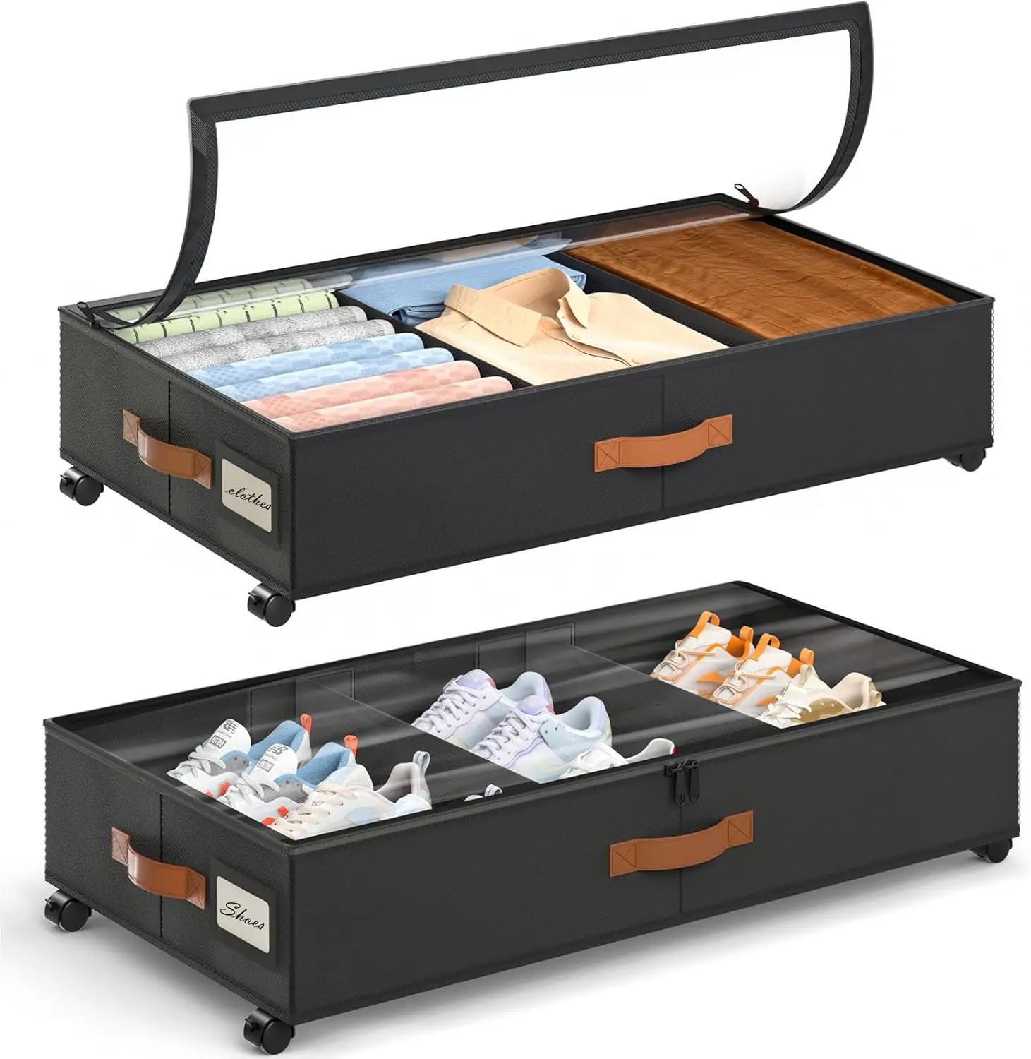 

Under Bed Storage with Wheels, 2 Pack Under Bed Storage Containers with Adjustable Dividers & Clear Window, Rolling