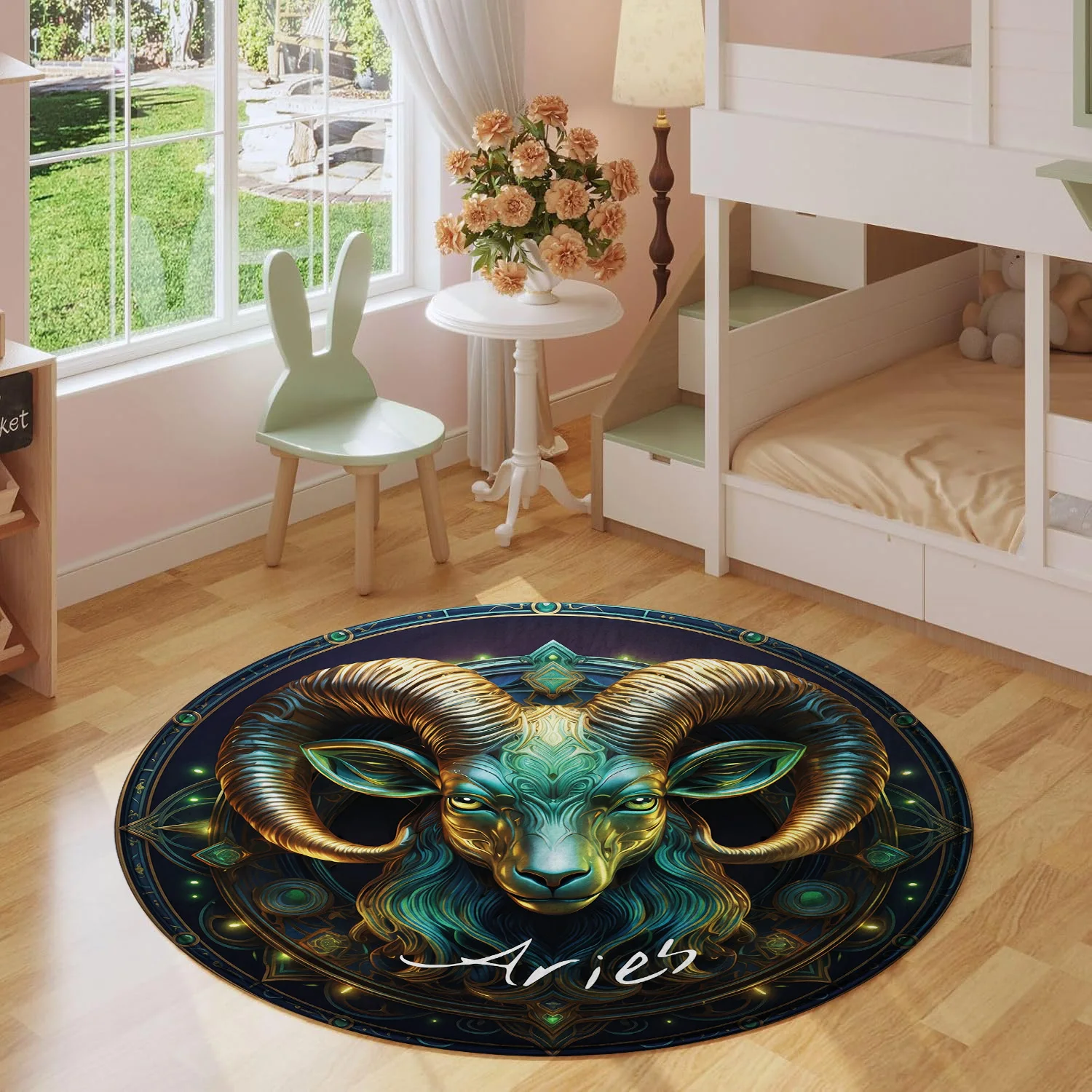 Aries Constellation Zodiac Sign Golden Ram Horn Mandala Pattern Holiday Luxury Round Mat Elegant Area Rug Home Decor