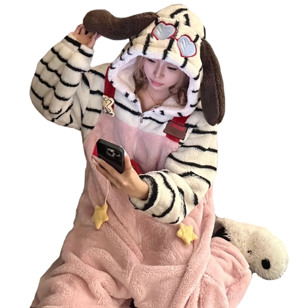 

Halloween Christmas Hooded Long-Eared Striped Dog One-Piece Sleepwear Women's Winter Flannel One-piece Pajamas Onesies Homewear