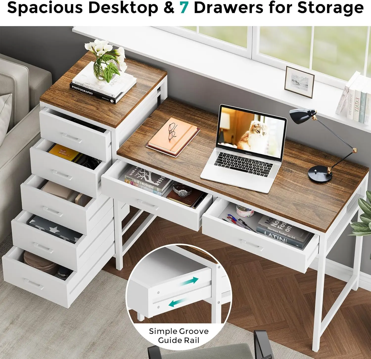 Computer Desk With Reversible Drawer, 55 H Home Office Desks With 7 Drawers, Modern Compact Study Writing Table Workstation
