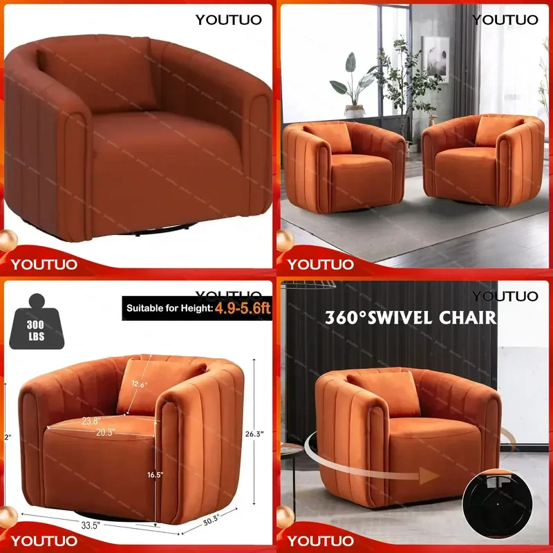 Swivel Barrel Chair Set of 2 with Plump Pillow Modern Channel Dutch Velvet Accent Chair Comfy Round Armchair Swivel