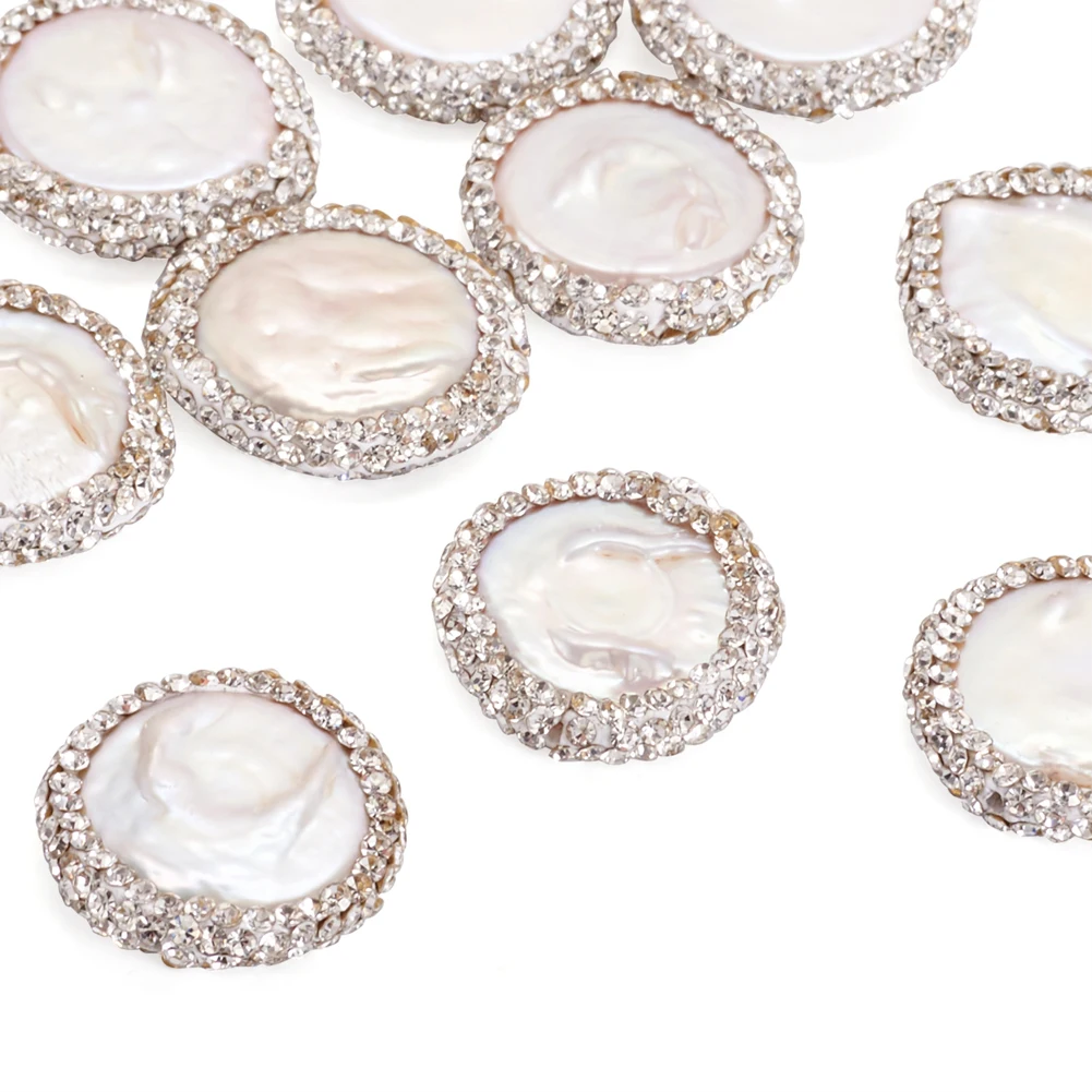 10pc Seashell Flat Round Natural Pearl Beads with Polymer Clay Rhinestone DIY Jewelry Accessories Finding Making Pandahall