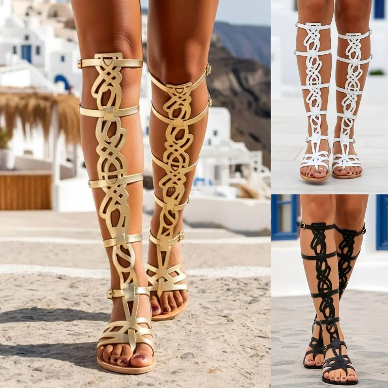 Sandalias Gladiador de Mujer con Diseño Calado, Múltiples Hebillas, Punta Abierta, Estilo Griego, Altura hasta la Rodilla, para Vacaciones de Verano y Festivales
