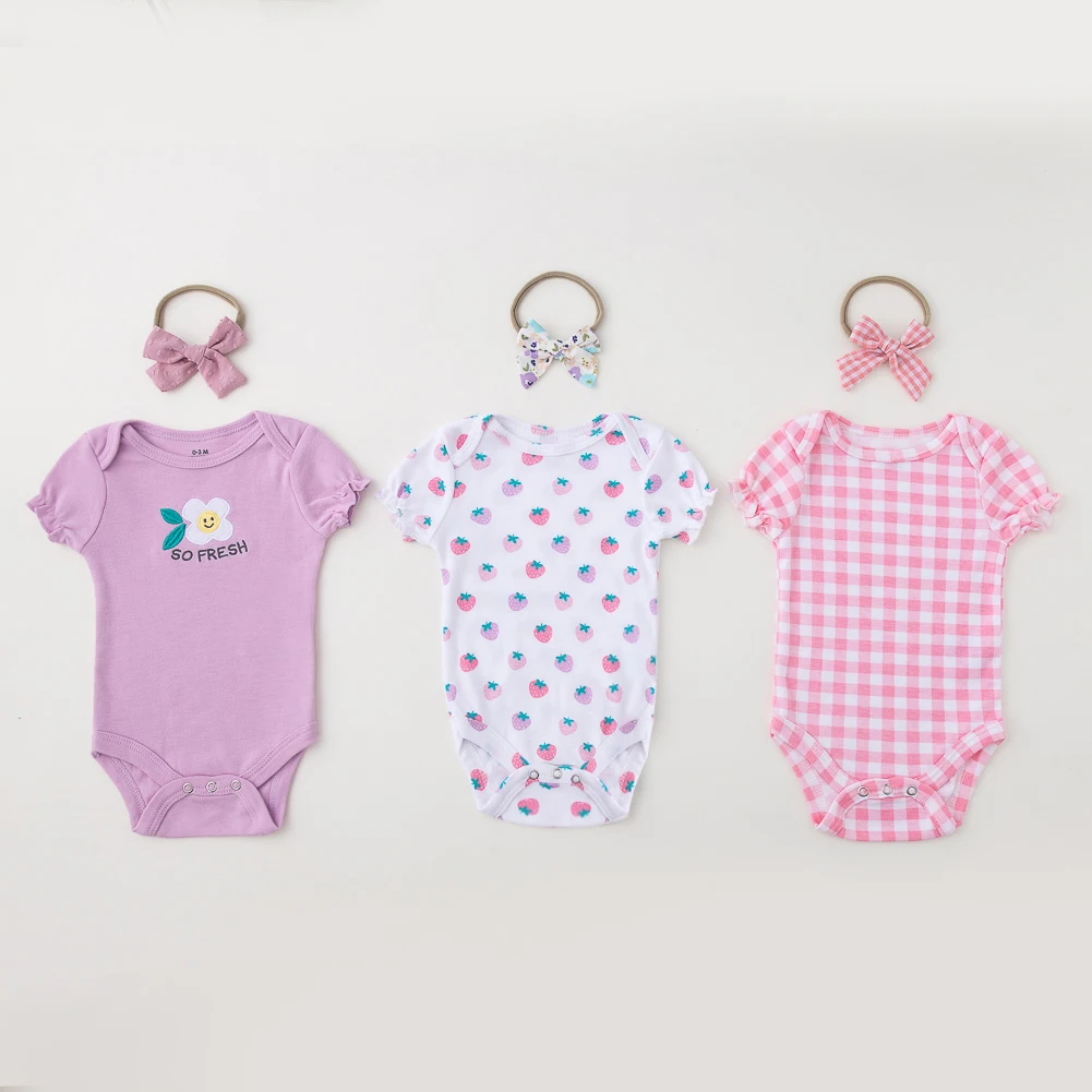 6Pcs Baby Rompers with Headbands Set Short Sleeve Cotton Strawberry Pink Gingham Plaid Print Bodysuits Infant Clothing Clothes