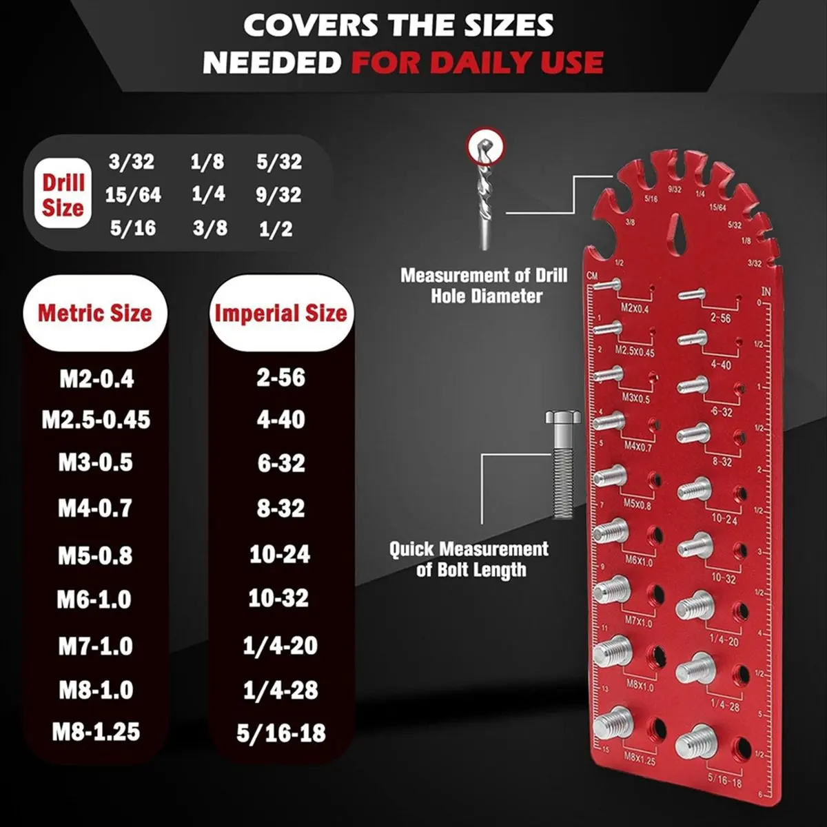 ABUA Portable Nut and Bolt Fine Thread Nut and Bolt Size Gauge, Versatile Thread Chaser Set ,Red