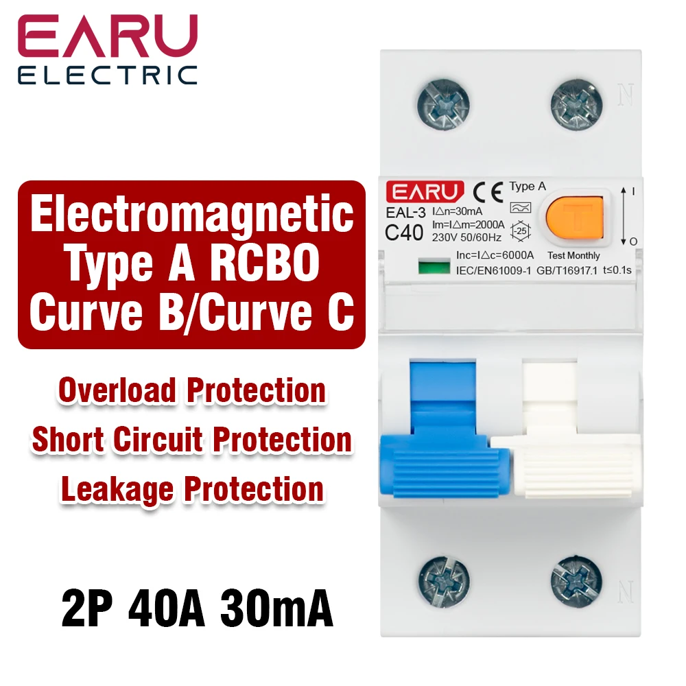 

2P RCBO RCCB Type A Electromagnetic Residual Current Circuit Breaker Curve B/C MCB AC 220V 40A 50/60Hz 30mA Leakage Protection ﻿