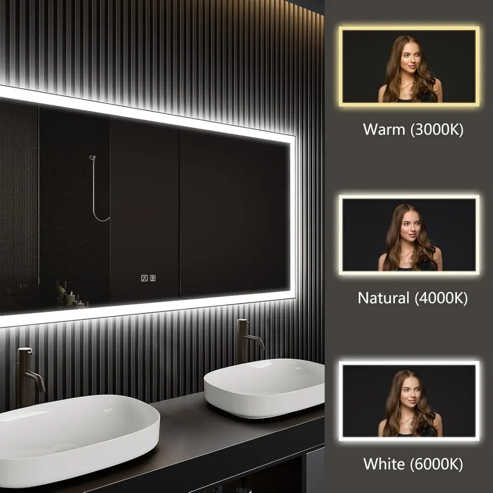 60 x 28 Zoll LED-Badezimmerspiegel mit Beleuchtung vorne und hinten, 3-Farben-Lichtoptionen, Speicherfunktion und Antibeschlagfunktion