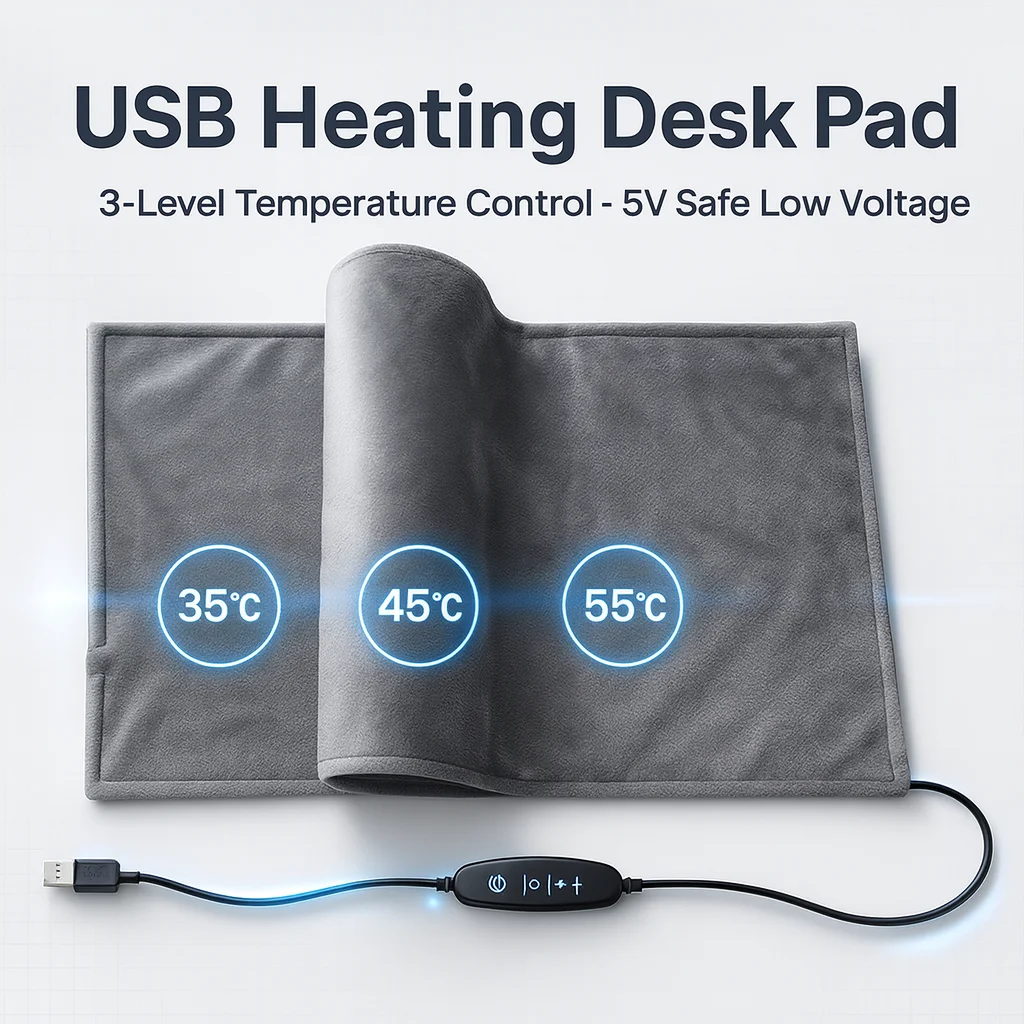 Portable USB Heated Pad Soft Foldable Warm Desk Mat 3-Temperature Settings Fast Heating Film for Work Study Travel 5V Power Supp