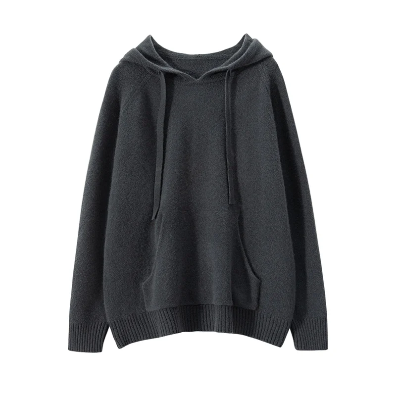 2023 Spring Winter 100% Pure Cashmere Sweater Women Knitted Hooded Pullovers Loose Lady\'s Grade Up Long Sleeve Soft Warm Tops