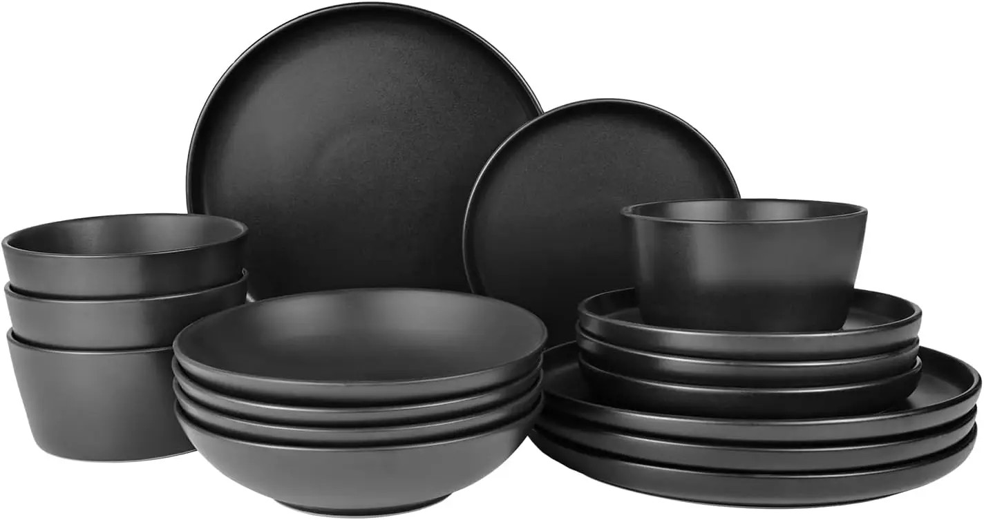 

16 Pieces Ceramic Dinnerware set,Plates and Bowls Sets for 4,Black Dinnerware Set for Kitchen, Modern