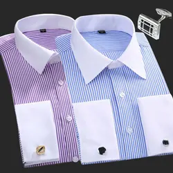 New M~6XL Cotton Men's French Cuffs Business Long Sleeve Shirt Stripes Comfortable Standard Elegant Formal Shirts Cufflink Top