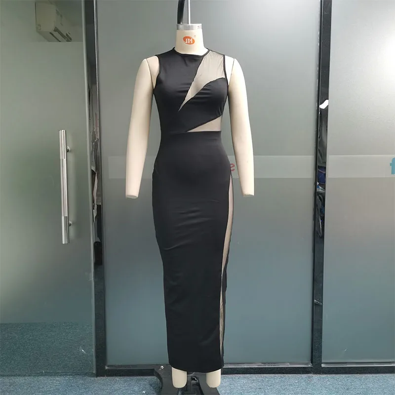 Ellafads donna Maxi vestito estate Chic semplice solido girocollo maglia ritaglio senza maniche fessura irregolare sottile abiti da sera da sera