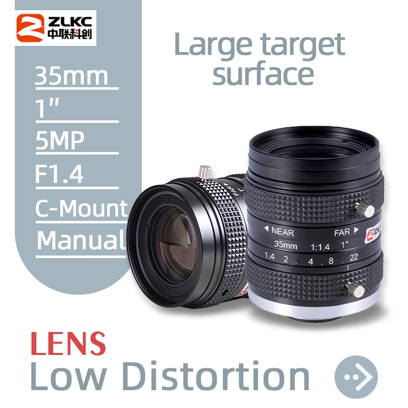 ZLKC 35mm Lens F1.4 Big Aperture lente 1'' Camera 5MP Low Distortion C Mount Lens Machine Vision for Industrial Cameras