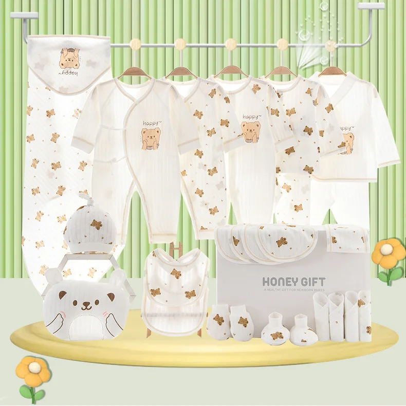 

20/22/26pcs Newborn Clothes Cartoon Bear Clothing Suit Solid Cotton 0-6M Kids Unisex Infants Boys Girls Underwear Set No Box