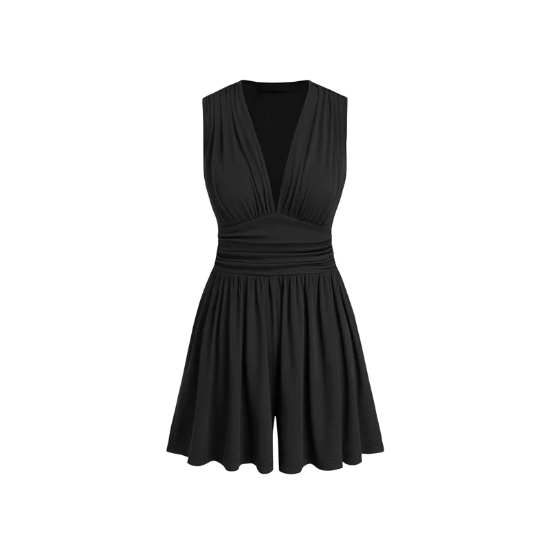 ABXE-Womens Deep V Neck Wrinkles Jumpsuit Tie Sexy- Plunge Concert Mini Outfit