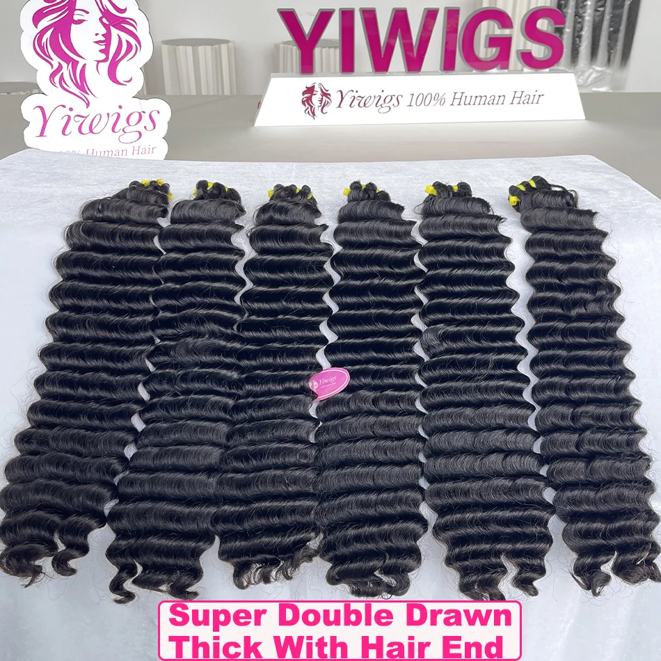 Yiwigs 15A Grade Deep Wave Double Drawn Thick End 100% Raw Human Hair Bundles 10-30 Inches Curly Hair Weave Extensions