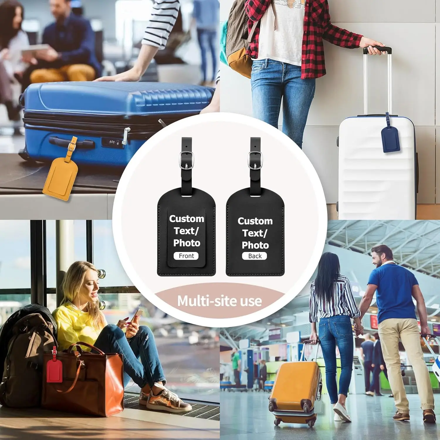 Personalized Leather Luggage Tags, Customizable PU Baggage ID Tag with Privacy Flip Cover, Travel Essential Suitcase Tag