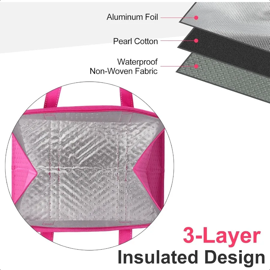 Paquete de 6 bolsas de comestibles reutilizables aisladas, bolsas para llevar aisladas de 13x10x15, bolsas de alimentos con aislamiento térmico no tejido con cremallera Coo