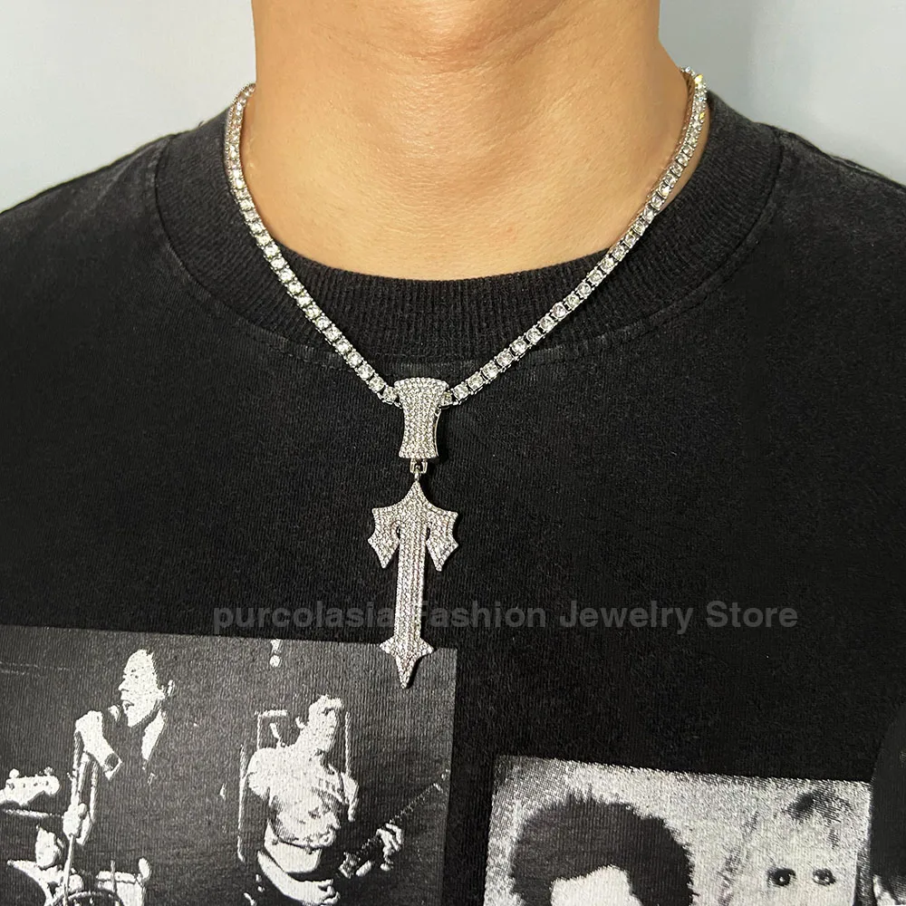 Men Hip Hop Shiny Iced Out Cross Sword Necklace with 12mm Tennis Cuban Chain HipHop Pendant Fashion Charm Jewelry