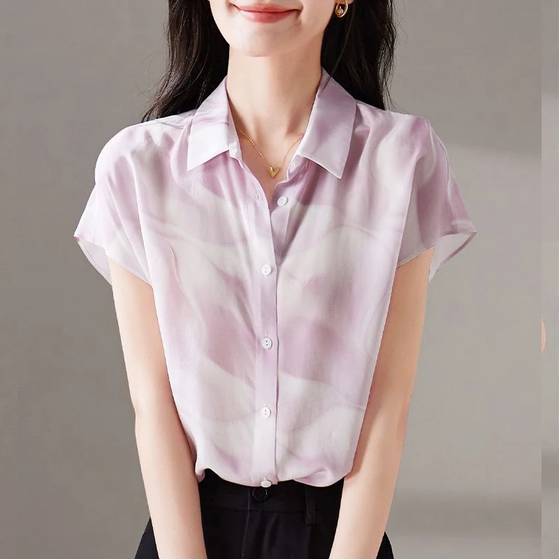 Summer New Turn-down Collar Fashion Short Sleeve Shirt Women High Street Casual Loose Button Cardigan Printing Elegant Blouse