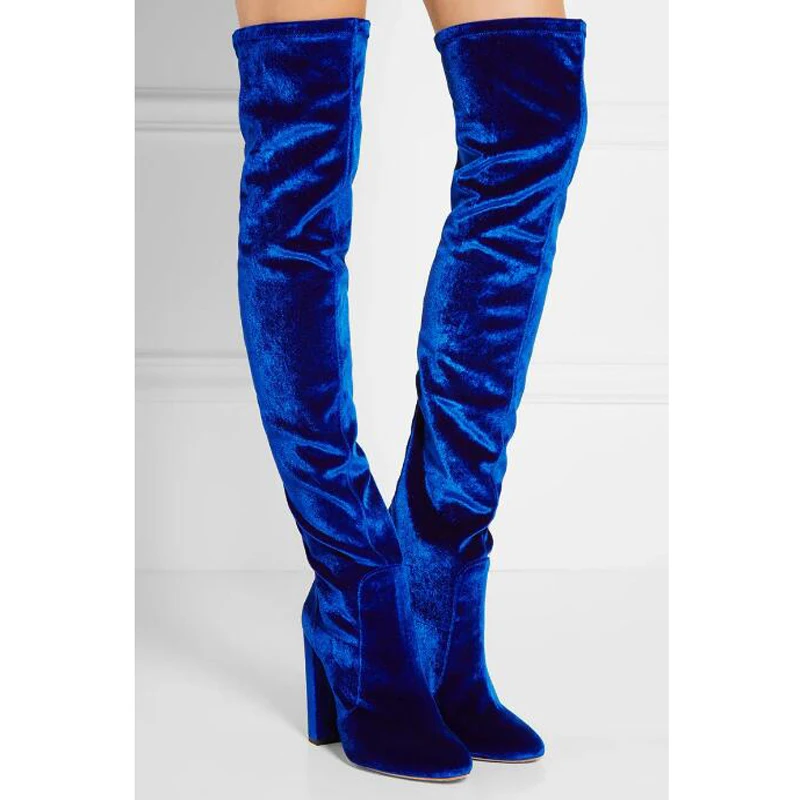 

Spring Fashion Chunky Heel Burgundy Blue Velvet Over The Knee Boots Pointy Toe Women Sexy Knight Boots Stretch Thigh Boots