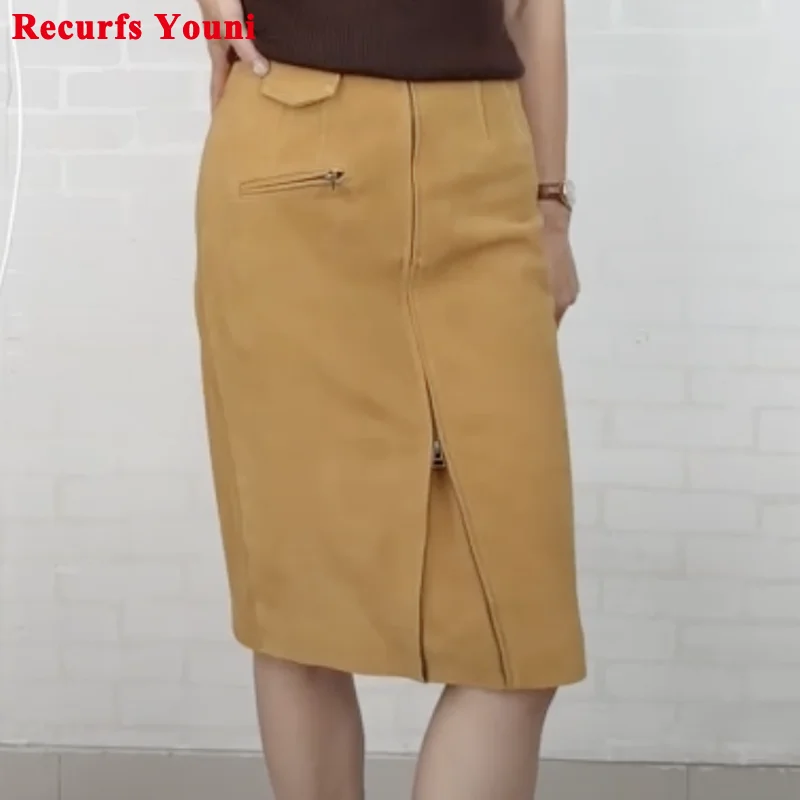 

Suede Leather Skirt for Women Motorcycle Zipper Genuine Lambskin Mid-length Pencil Skirts Female Back Split Wrap Jupe Winter