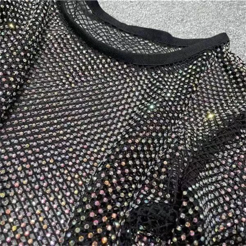 Oberbekleidung Damen T-Shirt 2026 Sommer Neue Damen Temperament Strass Rundhals Helles Sternenlicht Hohl Glänzendes Bodenbildungshemd – Detail 6