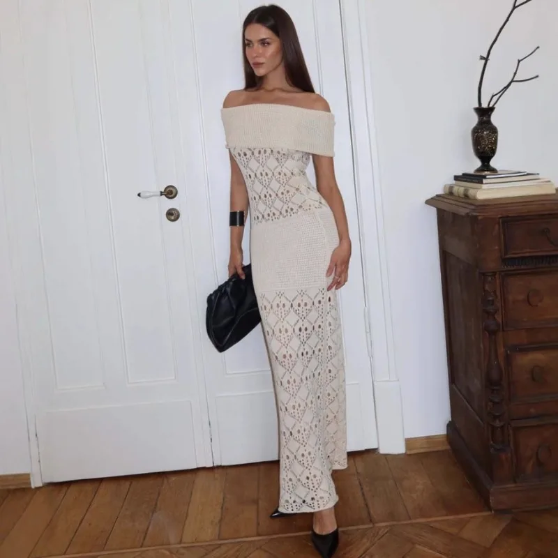 

Hollow Out Knitted Maxi Dress Women Sexy Slash Neck Off Shoulder Bodycon Holiday Beach Outfits Long Robe Bikini Cover Ups