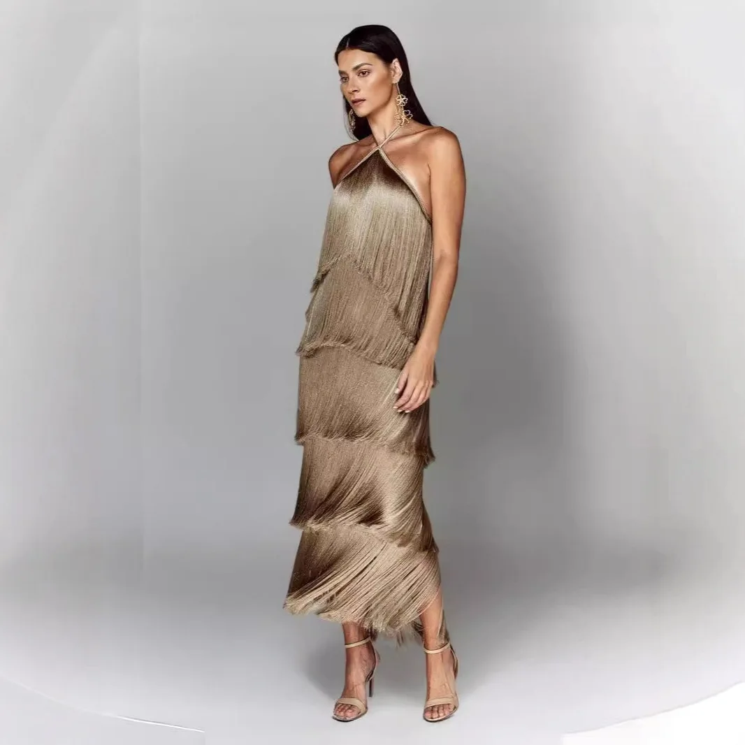 

Women's Halter Neck Fringe Backless Slit Dress Birthday Dress Evening Party Date Night Elegant Sexy Long Dress Evening Gown