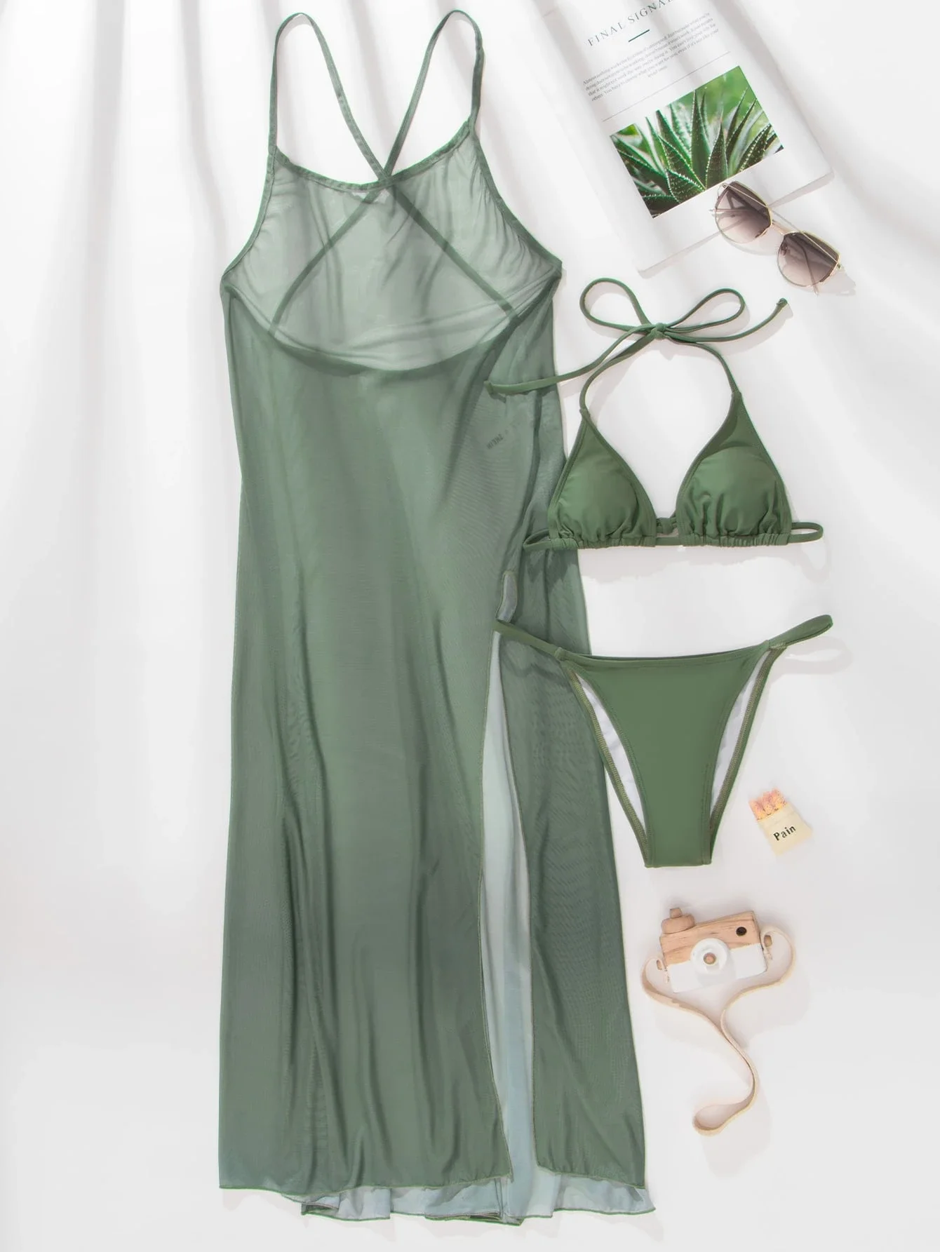 

Sheer Triangle Bikini Set With Thong Bottom And Cover Up Dress