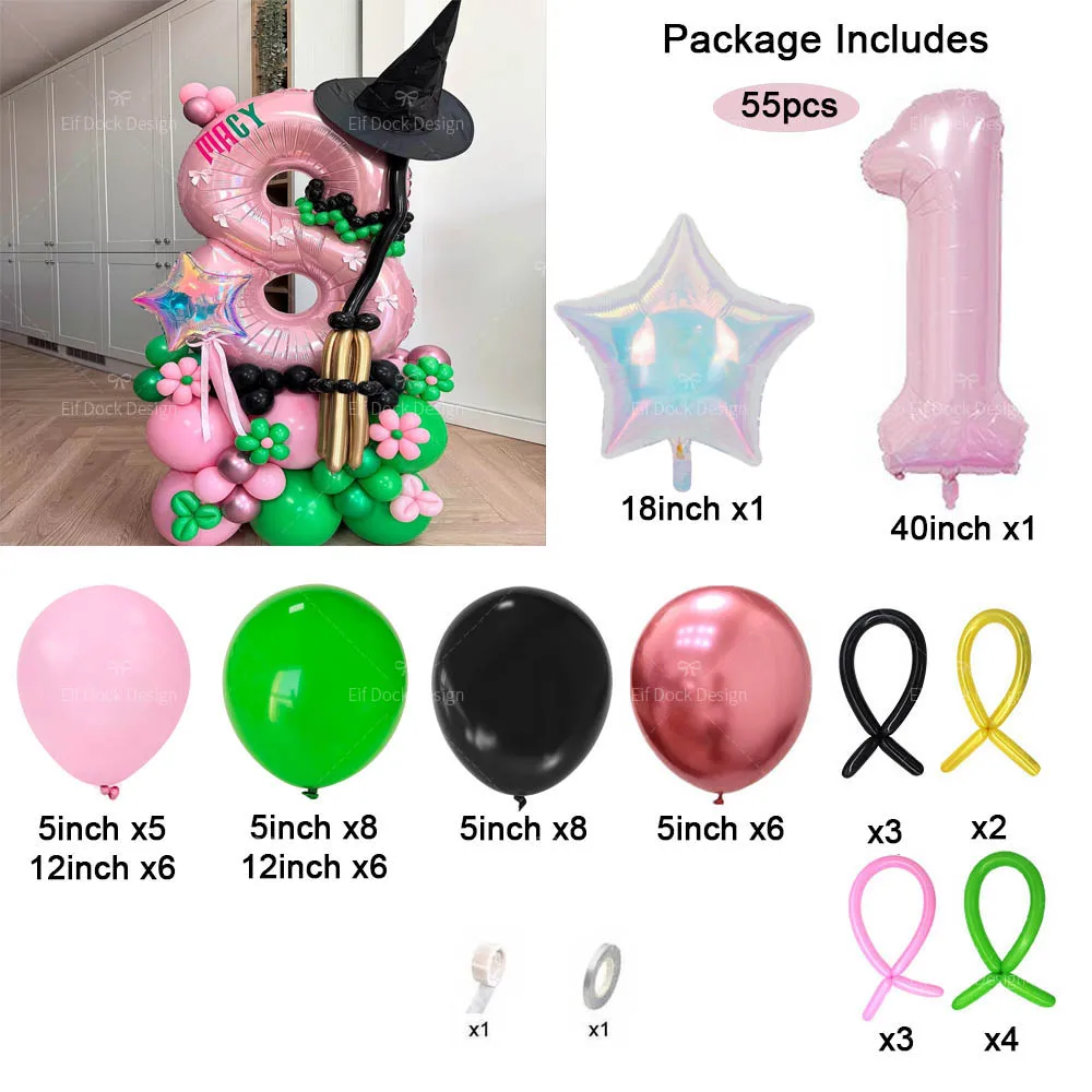 55pcs Magic Witch Themd Birthday Party Decoration 40inch Pink Number Balloon Boys and Girls Creative Birthday Decoration Gifts