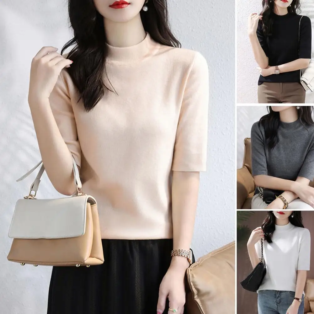 Summer Knitted Sweater Short Sleeve Solid Color Korean Fashion Style Tee Casual O Neck Female Clothing Commuting Street Wear