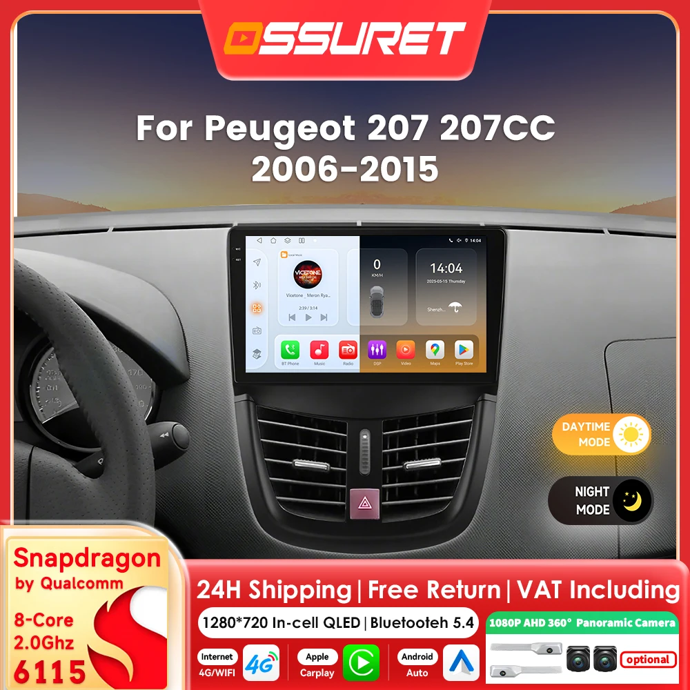 9-Zoll-2DIN-Android-14-Autoradio für Peugeot 207 207CC 207SW 2006 - 2015 mit Carplay für Apple Auto intelligente Systeme, 6115 Octa-Core-Haupteinheit, SWC, RDS, DSP, 4G, WLAN-Bildschirm