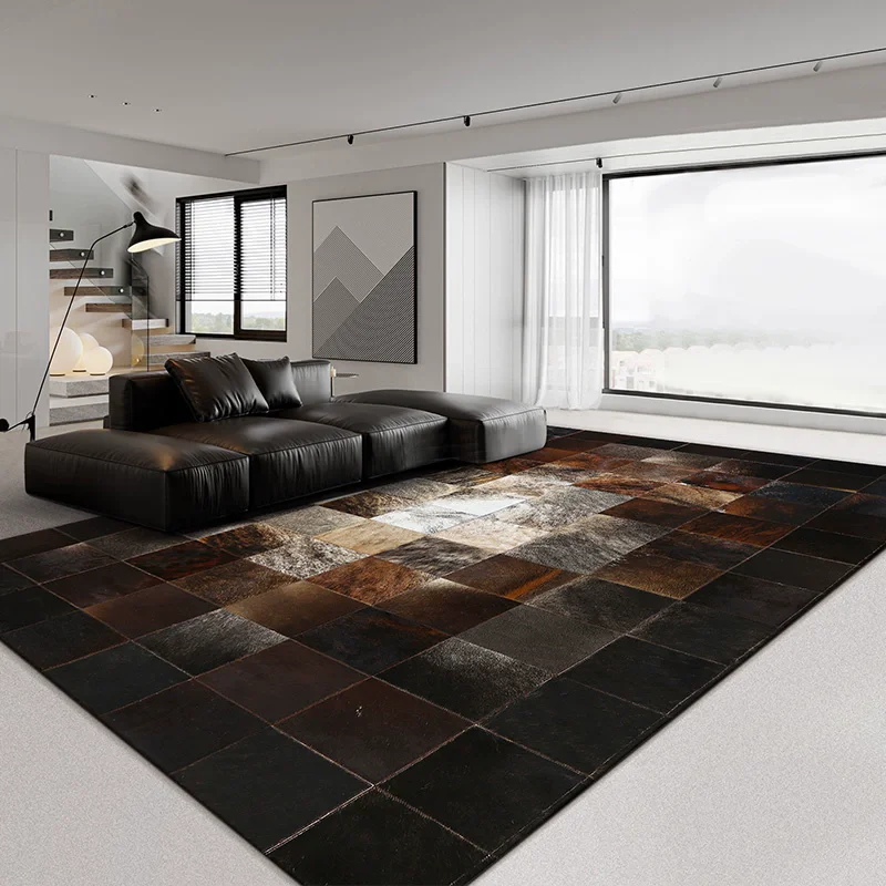 Dark Brown Checkered Cowhide Carpet For Living Room Handmade Splicing Bedroom Rug Home Decoration Mats Study Office Floor Mat