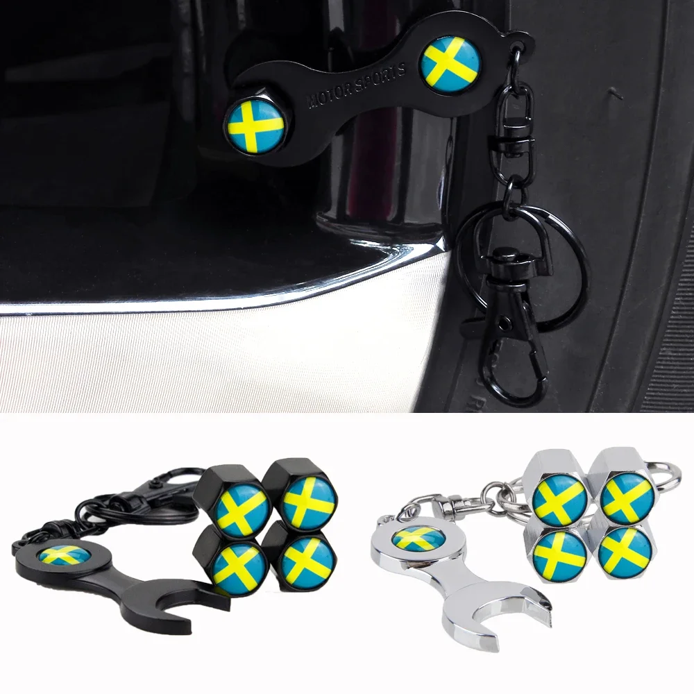 4PCS Sweden Flag Car Wheel Tire Valve Caps Tyre Stem Covers with Wrench for BMW Mercedes Renault Citroen Subaru Cadillac Honda