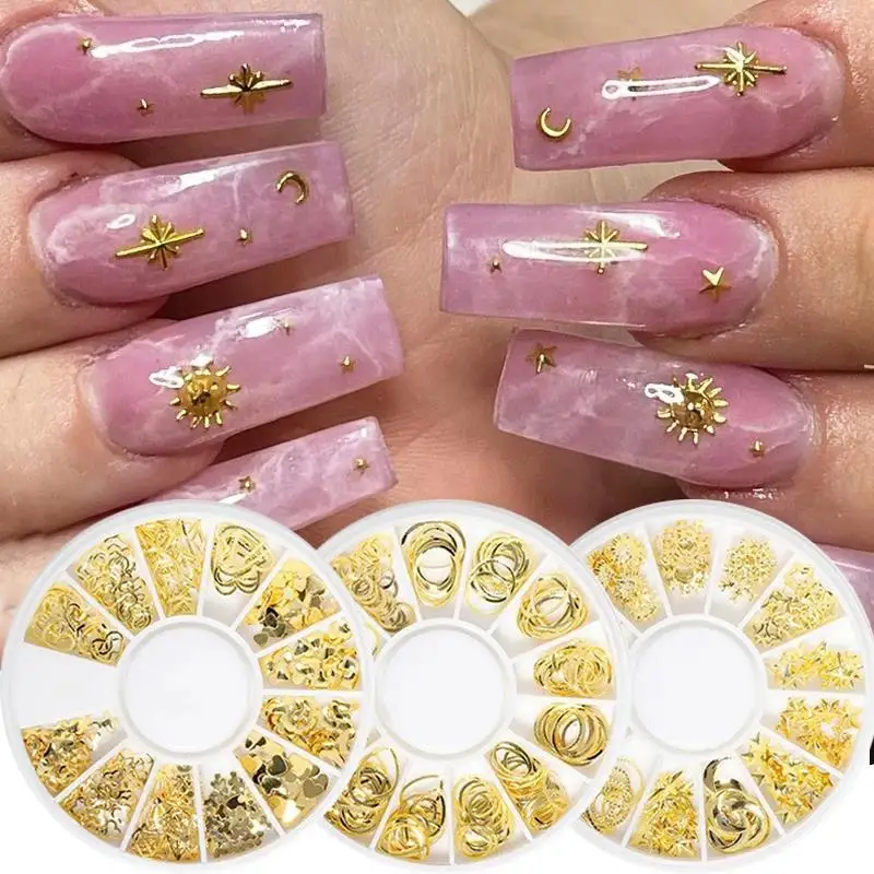 Hohl geformte Nagel kunst kleine runde Box Metall nieten Nail Art Dekorationen Gold 3d Stern Mond Nägel Charms Zubehör DIY Lieferungen