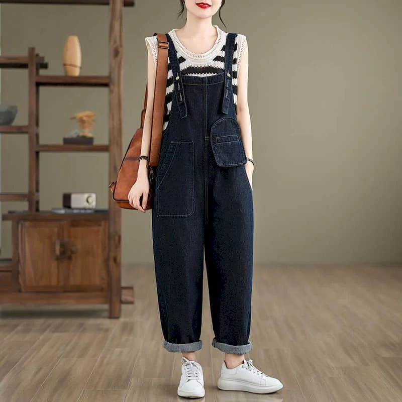 

Denim Jumpsuit Female Casual Loose Harem Pants Solid Age Reduction Korean Style Vintage Rompers One Piece Outfits Women Clothing