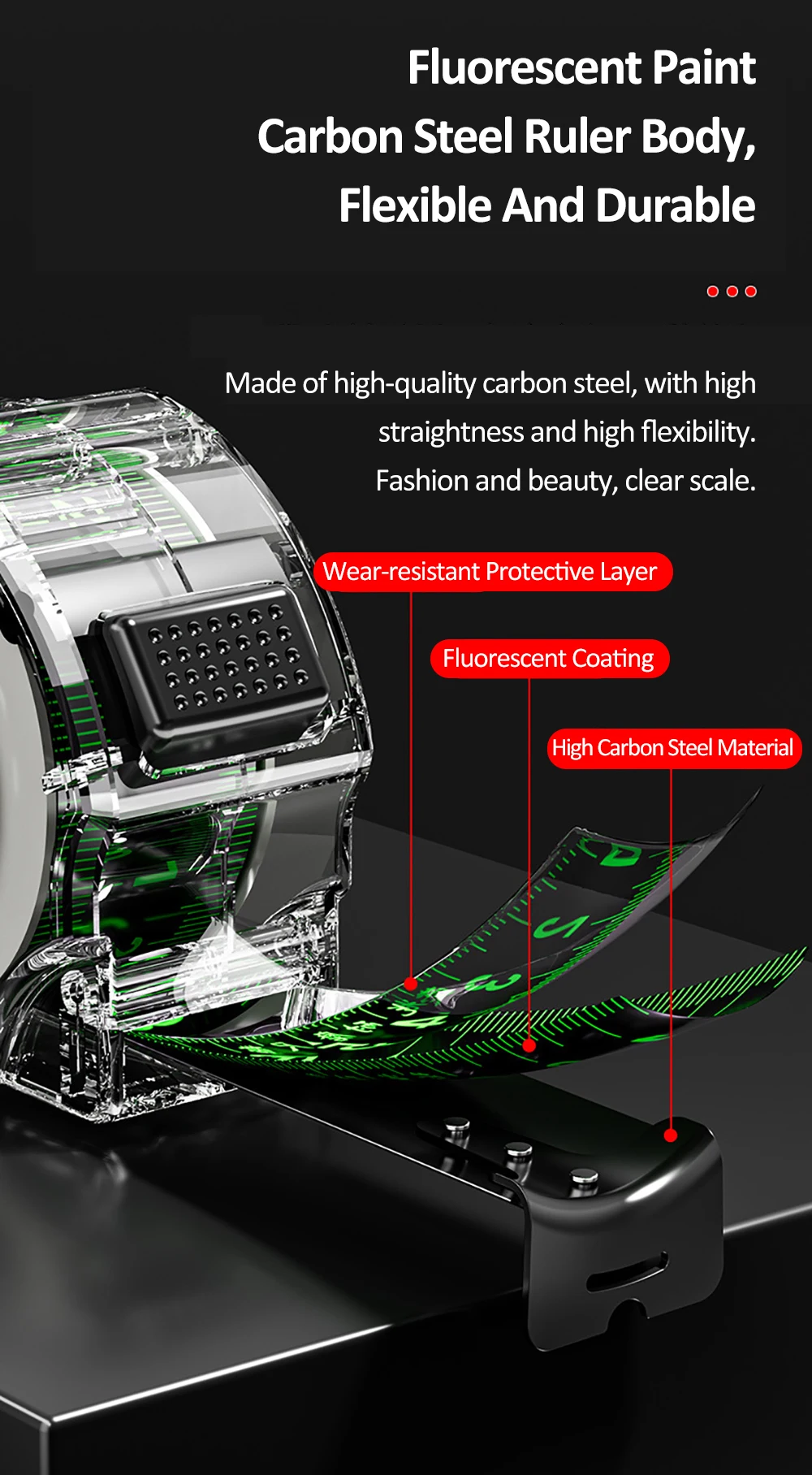 Fita métrica de alta precisão, cor fluorescente, régua dupla face com concha transparente, escala de eixo de metal