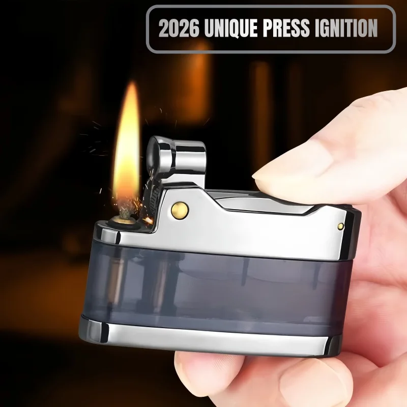 

2026 Пресс-автоматическая зажигалка с шлифовальным кругом, ветрозащитная зажигалка в стиле ретро, уникальная керосиенная зажигалка с прозрачным масляным окном для курильщиков