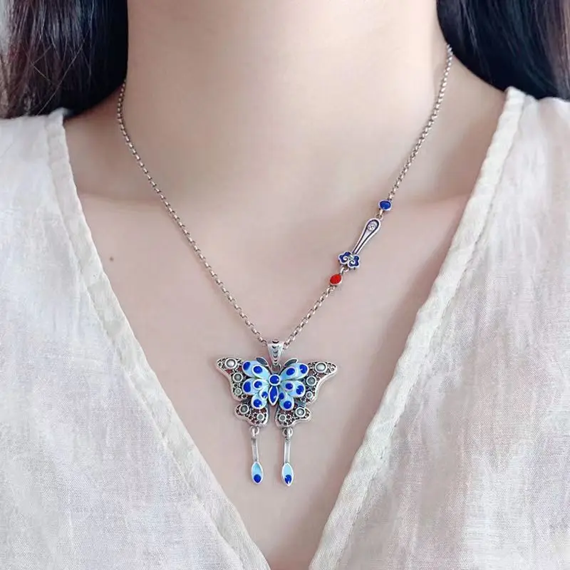 

Fashion Blue Butterfly Tassel Necklaces For Women Gift Retro Thai Silver Pendant Clavicle Chain Goth Girls Jewelry Accessories