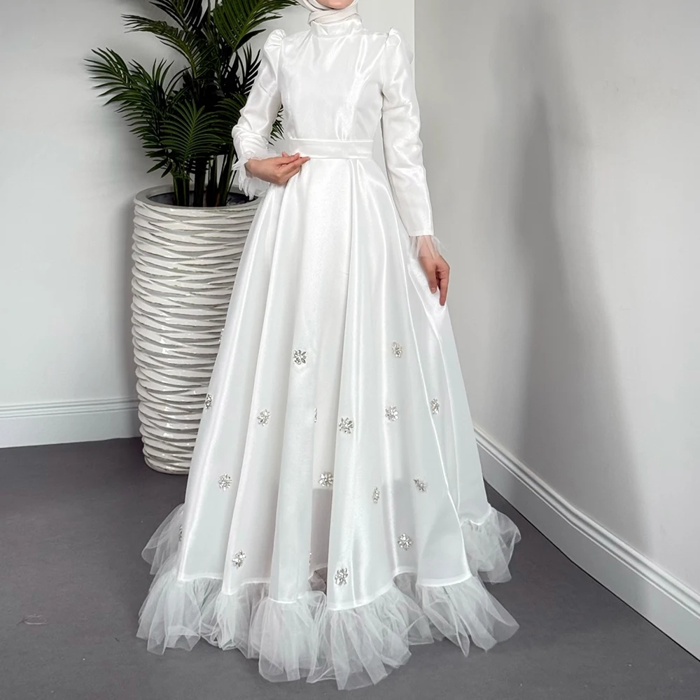

Customized A-line Evening Dresses Floor-length High-neck Full Sleeve Prom Gown Fashion Crystal Ruched Simple Draped Party Gown