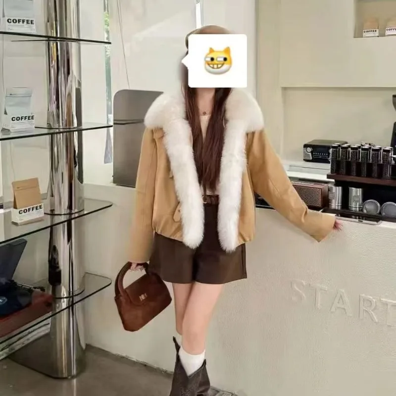 

Новая осенне-зимняя шуба с воротником из искусственного лисьего меха для молодых женщин, внутренняя подкладка на утином пуху и пуховик, короткий стиль