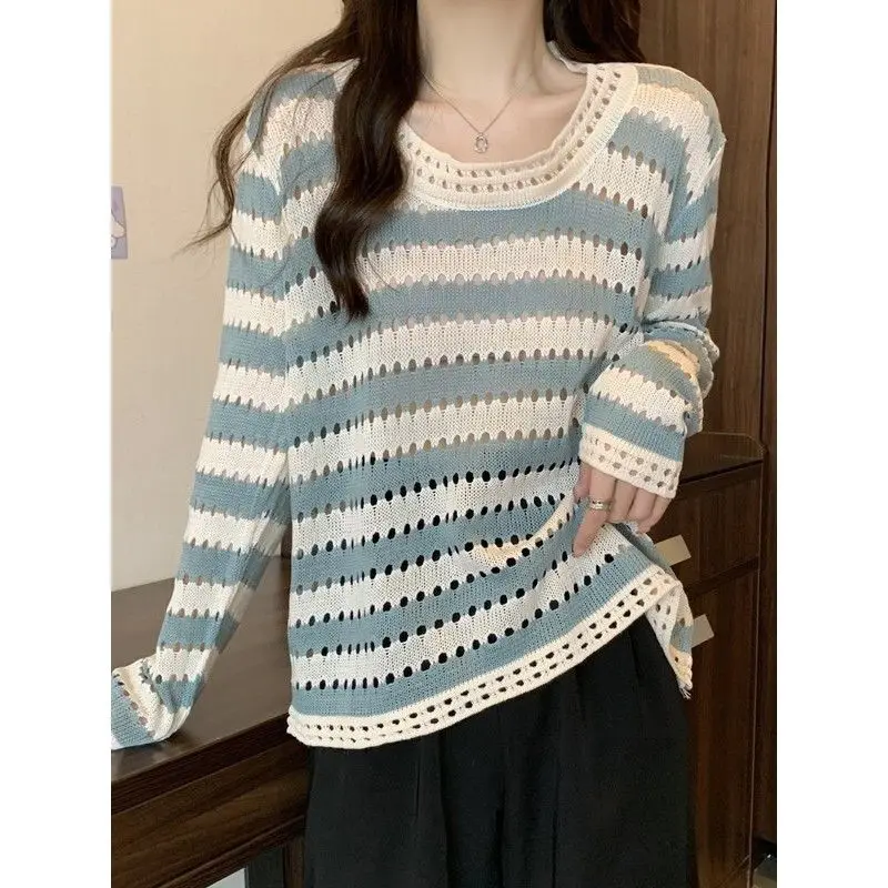 Spring and Autumn Style Shoulder Striped Ice Silk Long Sleeved Knitted T-shirt Loose and Thin Hollow Out and Unique Top