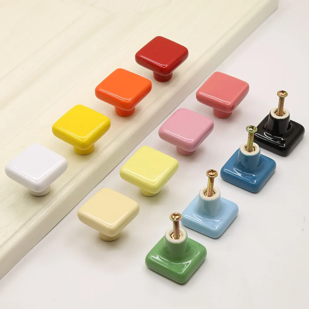 Simplicity Single Hole Colored Ceramic Knob Ceramic Pull Handles Drawer Knobs Modern Square Door Knob Children